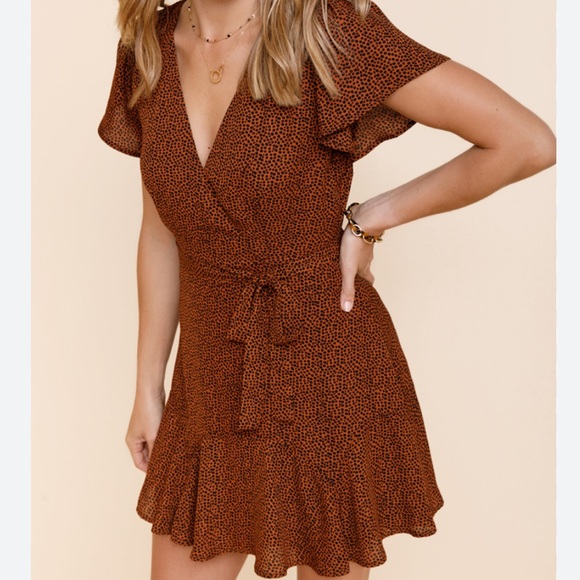 Blue Rain Dresses & Skirts - Shandra Scattered Dot Mini Dress wrap dress in brown and black polka dot small
